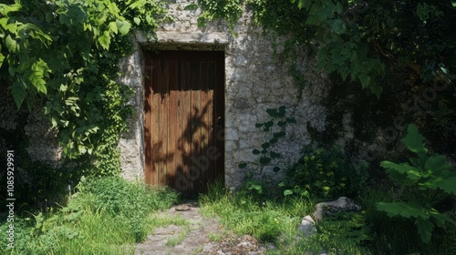 Old wooden door in stone wall