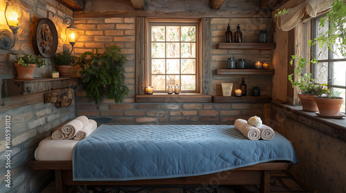 Rustic massage bed in a vintage spa, wooden walls, exposed brick, soft lighting photo