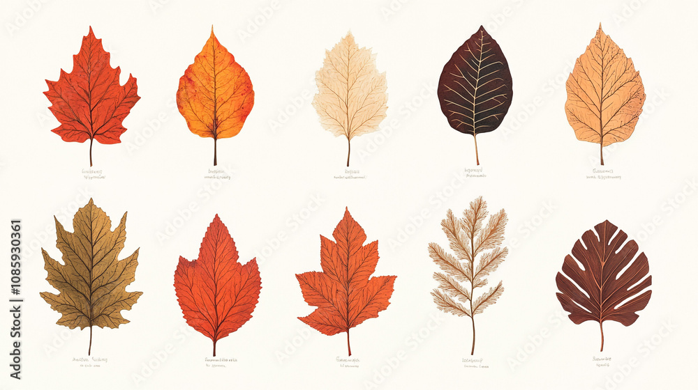 Obraz premium Autumn Leaf Collection Botanical Illustration Fall Foliage Nature Print Orange Red B