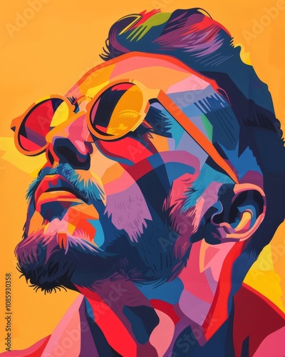 Vibrant abstract pop art portrait of a man with sunglasses