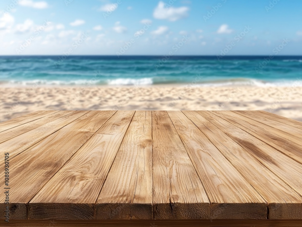Fototapeta premium Serene Beach Escape Light Brown Wooden Planks on Sandy Beach with Ocean Horizon Relaxing Coastal Background for Product Display or Travel Ads