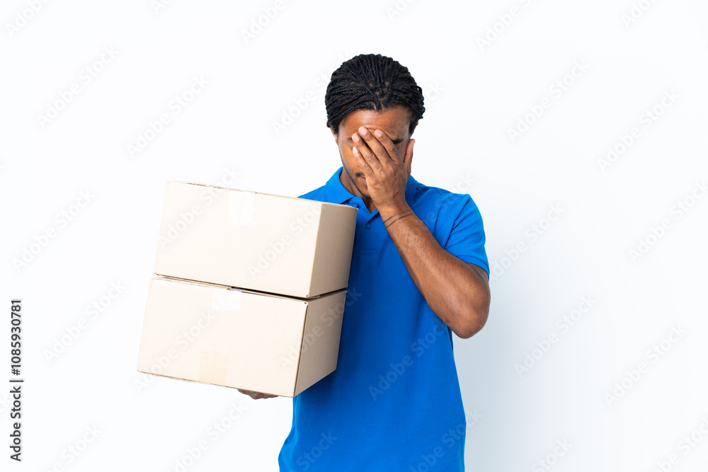 Delivery African American man with braids isolated on white background with tired and sick expression Delivery African American man with braids isolated on white background with tired and sick expression