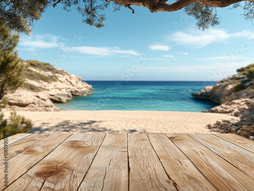 Serene Coastal Escape Closeup Wooden Plank At Sunny Beach Cove - Tranquil Vacation Concept