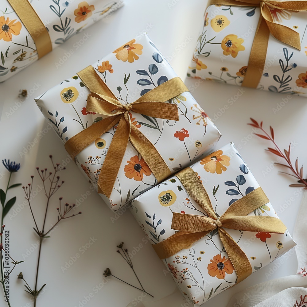 several gift boxes wrapped in white paper with a floral pattern. The pattern includes orange and yellow flowers with green leaves. Each box is tied with a shiny golden ribbon, forming a bow on top several gift boxes wrapped in white paper with a floral pattern. The pattern includes orange and yellow flowers with green leaves. Each box is tied with a shiny golden ribbon, forming a bow on top