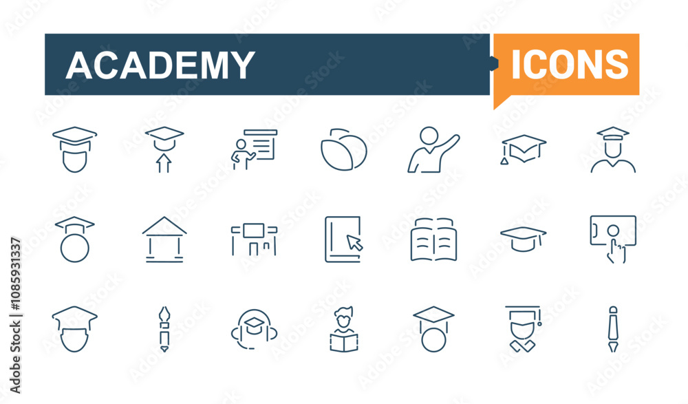 Set of Academy line icons. Contains related to globe, academy, learning, education, book and more. Isolated icons design. Editable stroke vector icon and illustration. Set of Academy line icons. Contains related to globe, academy, learning, education, book and more. Isolated icons design. Editable stroke vector icon and illustration.
