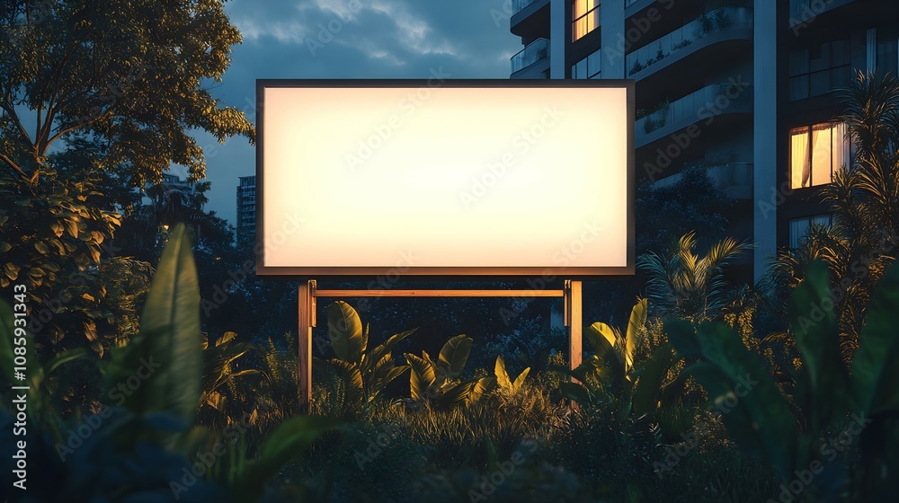 Modern illuminated blank billboard on wooden legs in a landscaped garden area with lush greenery and contemporary building background at dusk. Modern illuminated blank billboard on wooden legs in a landscaped garden area with lush greenery and contemporary building background at dusk.