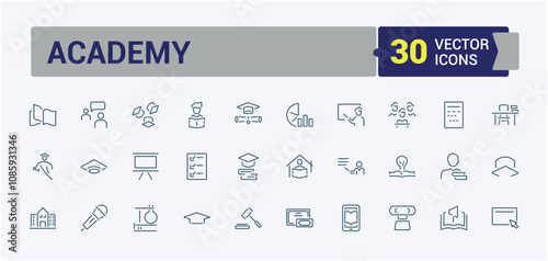 Set of Academy line icons. Contains related to globe, academy, learning, education, book and more. Isolated icons design. Editable stroke vector icon and illustration.
