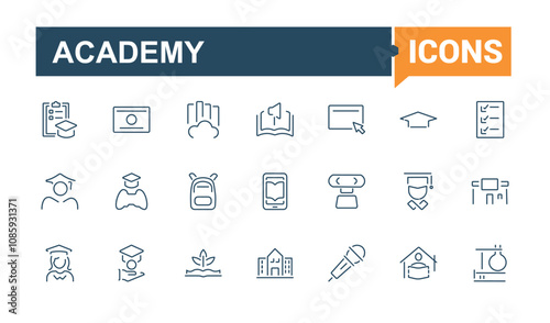 Set of Academy line icons. Contains related to globe, academy, learning, education, book and more. Isolated icons design. Editable stroke vector icon and illustration.