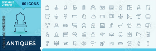 Antiques icon set. Featuring vintage, culture, antique, fossil, old, history, collectibles. Set of line pictogram. Editable stroke.