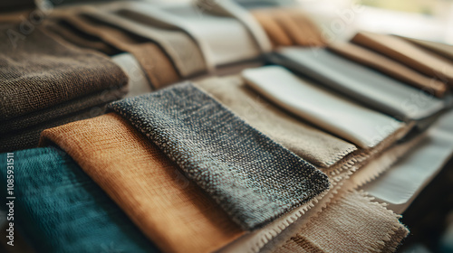 A close-up of sustainable fabric swatches such as organic cotton hemp and bamboo neatly arranged on a table.