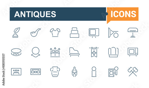 Antiques icon set. Featuring vintage, culture, antique, fossil, old, history, collectibles. Set of line pictogram. Editable stroke.