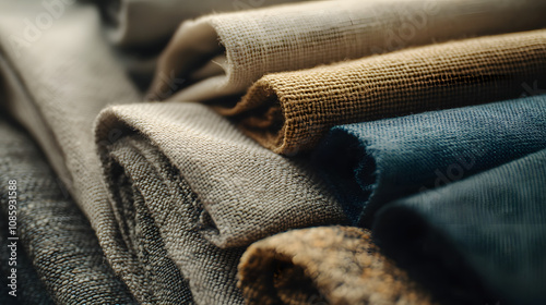 A close-up of sustainable fabric swatches such as organic cotton hemp and bamboo neatly arranged on a table.