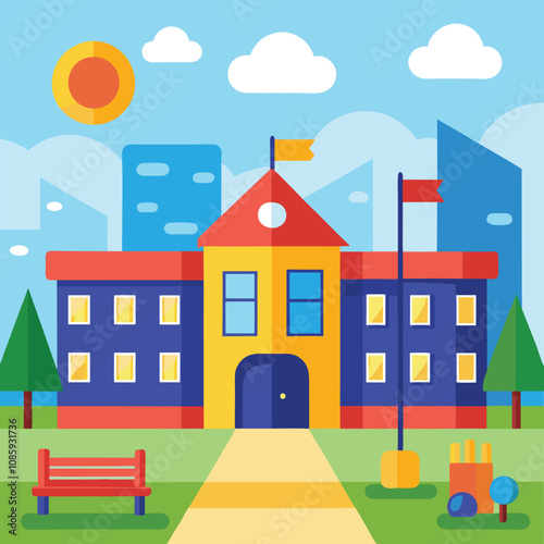 Vector illustration showcases a vibrant urban scene with various residential houses and apartment buildings defining the city's architectural design along a bustling street