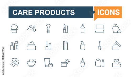 Care Products icons set in line style. Includes icons for nutritious, health, mask, acid, makeup, clean, spray. Isolated icons design. Vector illustration in modern line style.