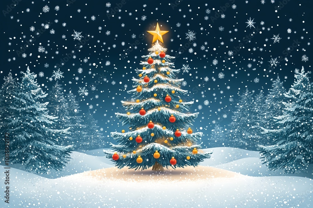 Christmas tree with a star on top and red and gold ornaments at night under the snow. Christmas card, wallpaper.
Christmas tree with a star on top and red and gold ornaments at night under the snow. Christmas card, wallpaper.