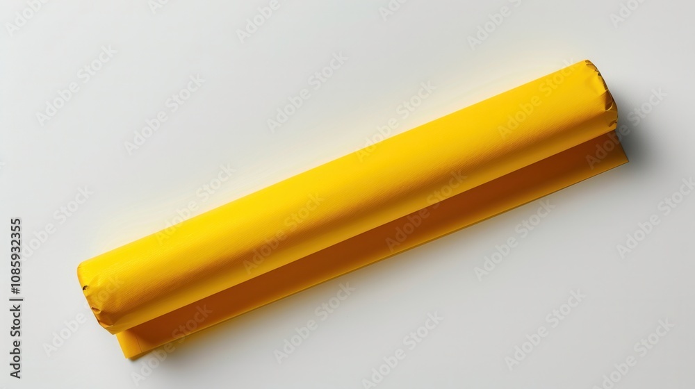 a bright yellow cylindrical object that appears to be a rolled-up piece of paper or a similar material. It is placed on a light-colored surface. The roll is tightly wound and has a smooth texture a bright yellow cylindrical object that appears to be a rolled-up piece of paper or a similar material. It is placed on a light-colored surface. The roll is tightly wound and has a smooth texture