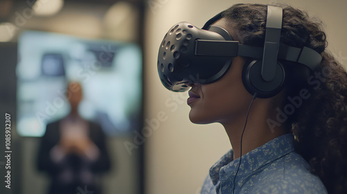 A corporate training session with employees using VR headsets to learn and practice new skills in a virtual setting.