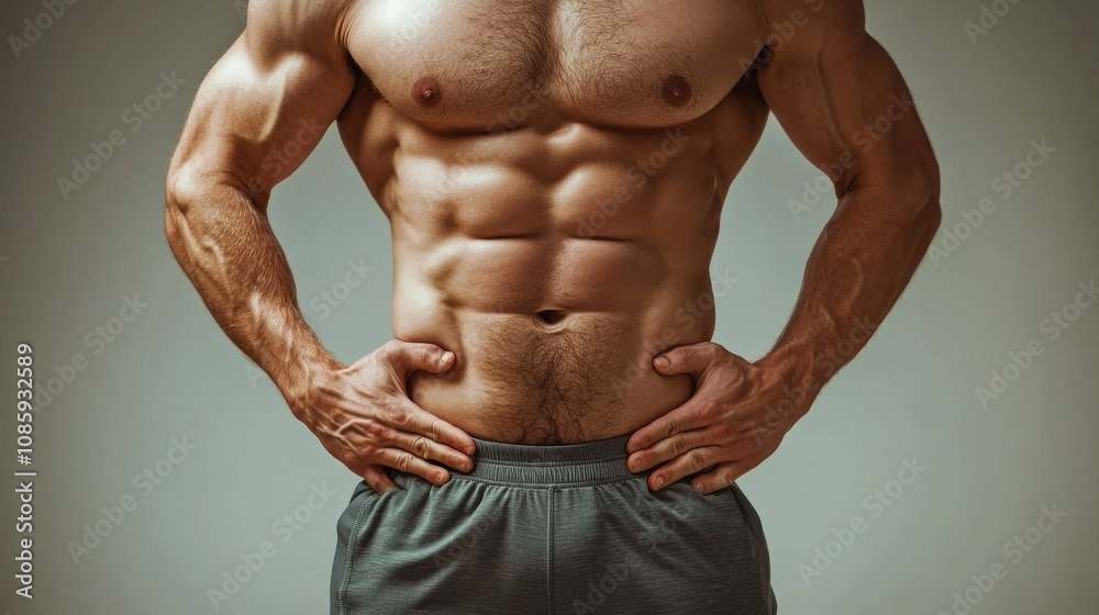 A muscular man poses, showcasing a well-defined physique with prominent abs, highlighting strength and fitness in a neutral background.