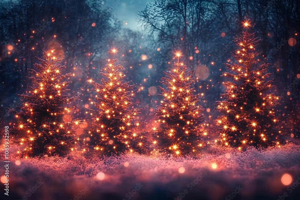 Naklejka premium Christmas trees with bright yellow lights at night in the snowy forest. Winter landscape.