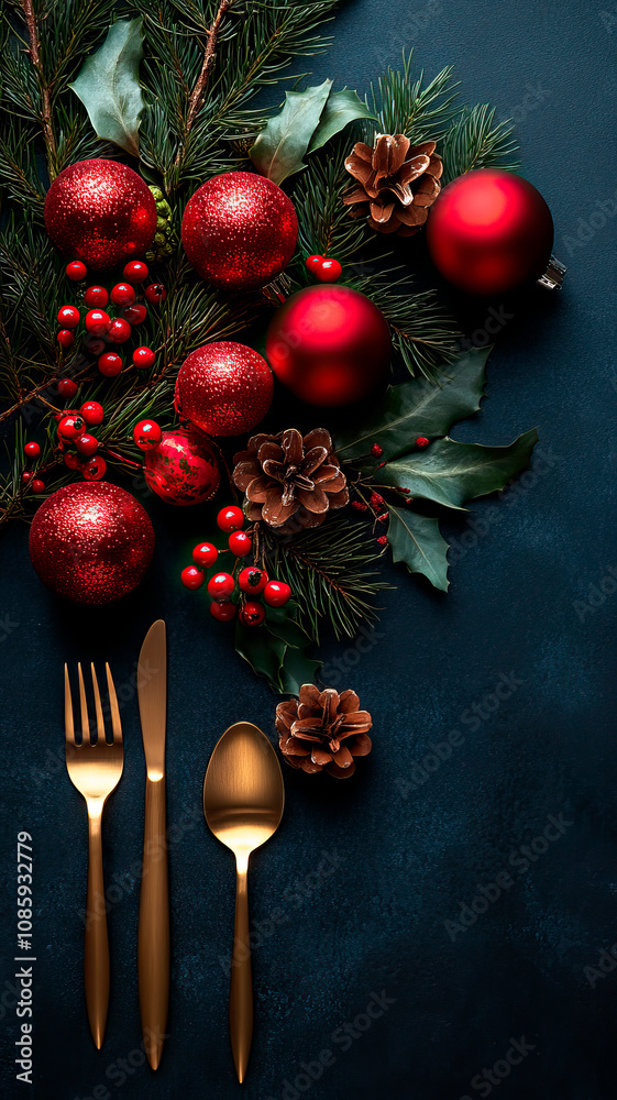 Holiday table decor featuring fir branches and red ornaments on dark marble. Holiday table decor featuring fir branches and red ornaments on dark marble.