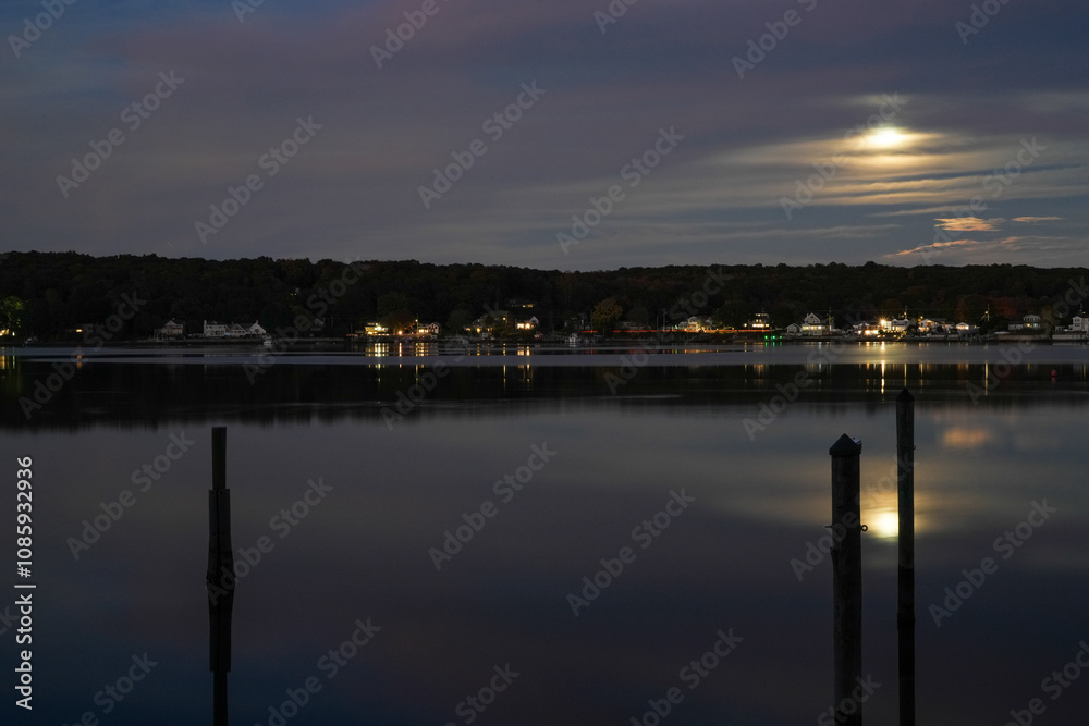 Night Sky with Moon and Cloud Over the Niantic River City Lights Reflecting on the Water Night Sky with Moon and Cloud Over the Niantic River City Lights Reflecting on the Water
