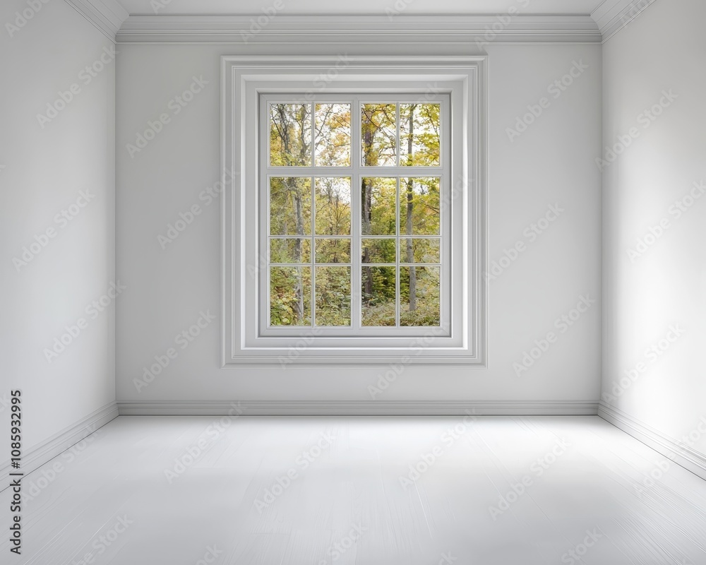 Fototapeta premium Symmetrical Elegance Tranquil Autumn View Through White Window Frame in Minimalistic Room