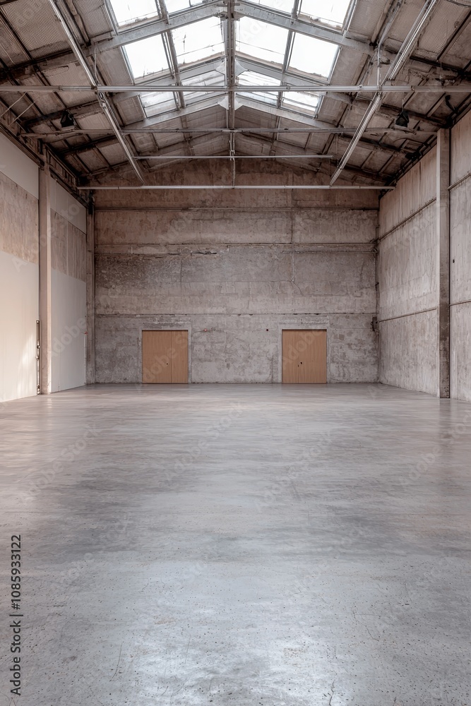 Symmetrical Industrial Space with Vast Concrete Floor and Skylights, Raw Minimalism in Neutral Tones for Architectural Design and Real Estate Concepts Symmetrical Industrial Space with Vast Concrete Floor and Skylights, Raw Minimalism in Neutral Tones for Architectural Design and Real Estate Concepts