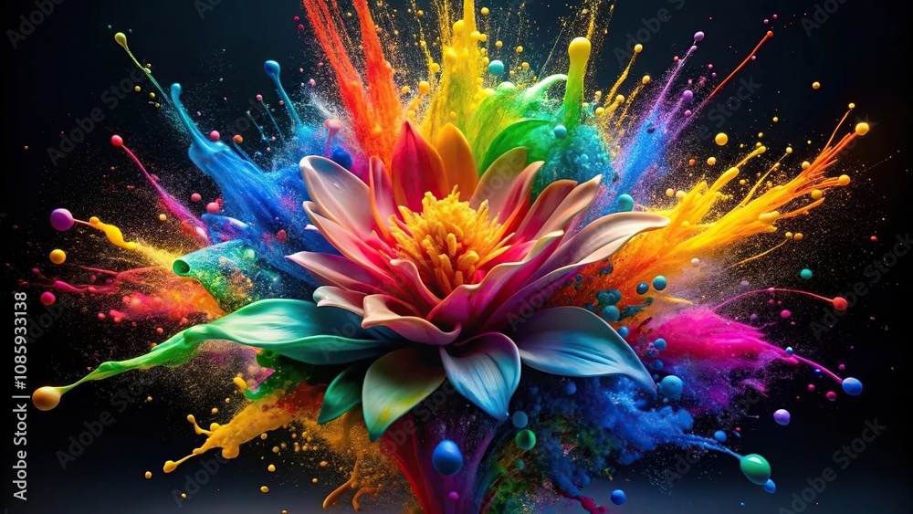 Colorful paint splatters creating flower shape on black background with depth of field Colorful paint splatters creating flower shape on black background with depth of field