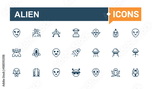 Alien icon set. Contains such icons as alien life, sci-fi, ufo, exploration mission, satellite, universe, alien visitor and more. Modern thin icons. Outline and solid pictogram.