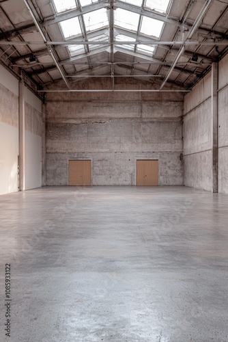 Symmetrical Industrial Space with Vast Concrete Floor and Skylights, Raw Minimalism in Neutral Tones for Architectural Design and Real Estate Concepts