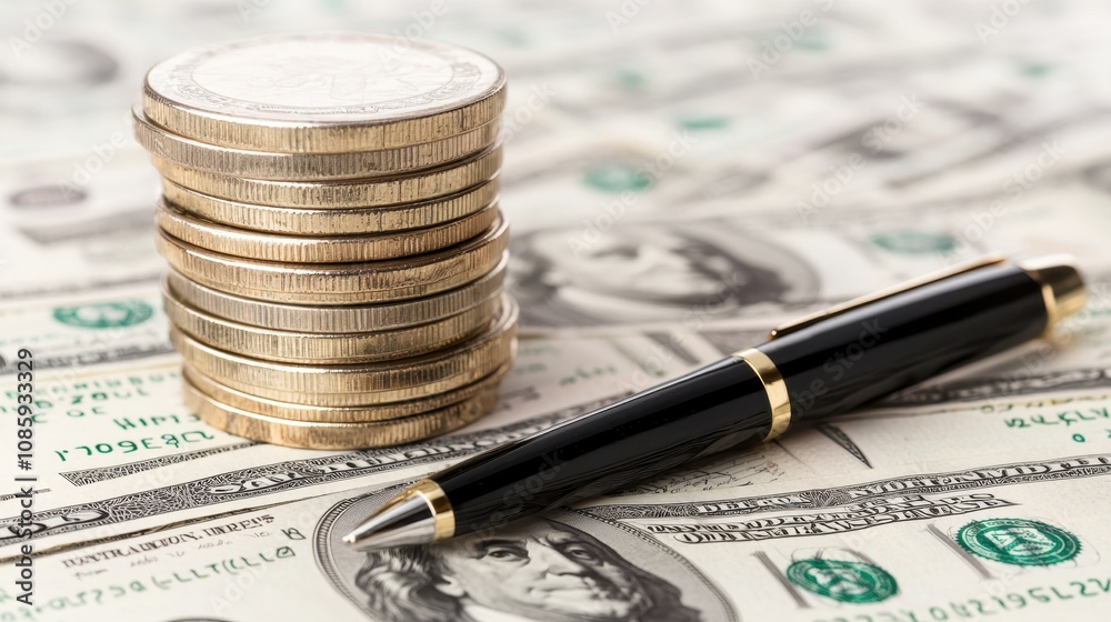 A stack of coins next to a sleek pen, resting on a background of banknotes, symbolizing finance and investment. A stack of coins next to a sleek pen, resting on a background of banknotes, symbolizing finance and investment.