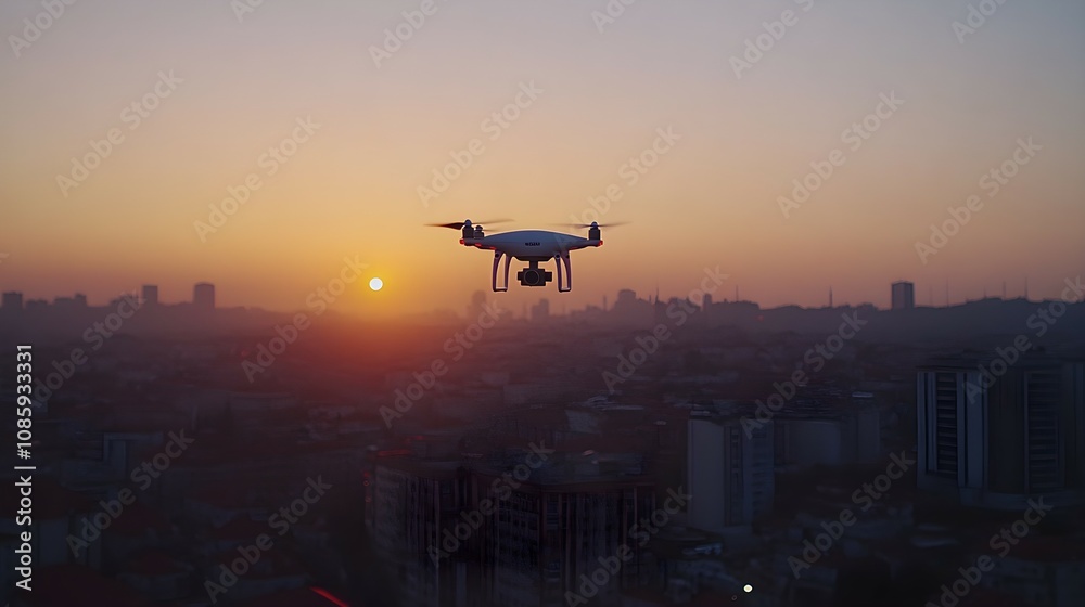 Quadcopter drone with camera flying above a cityscape during a blurred sunset, capturing aerial footage for surveillance or photography. Quadcopter drone with camera flying above a cityscape during a blurred sunset, capturing aerial footage for surveillance or photography.