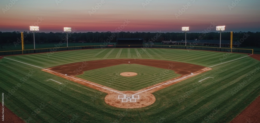 Fototapeta premium Symmetrical Serenity Aerial View of Meticulously Maintained Baseball Field at Twilight with Sunset Sky