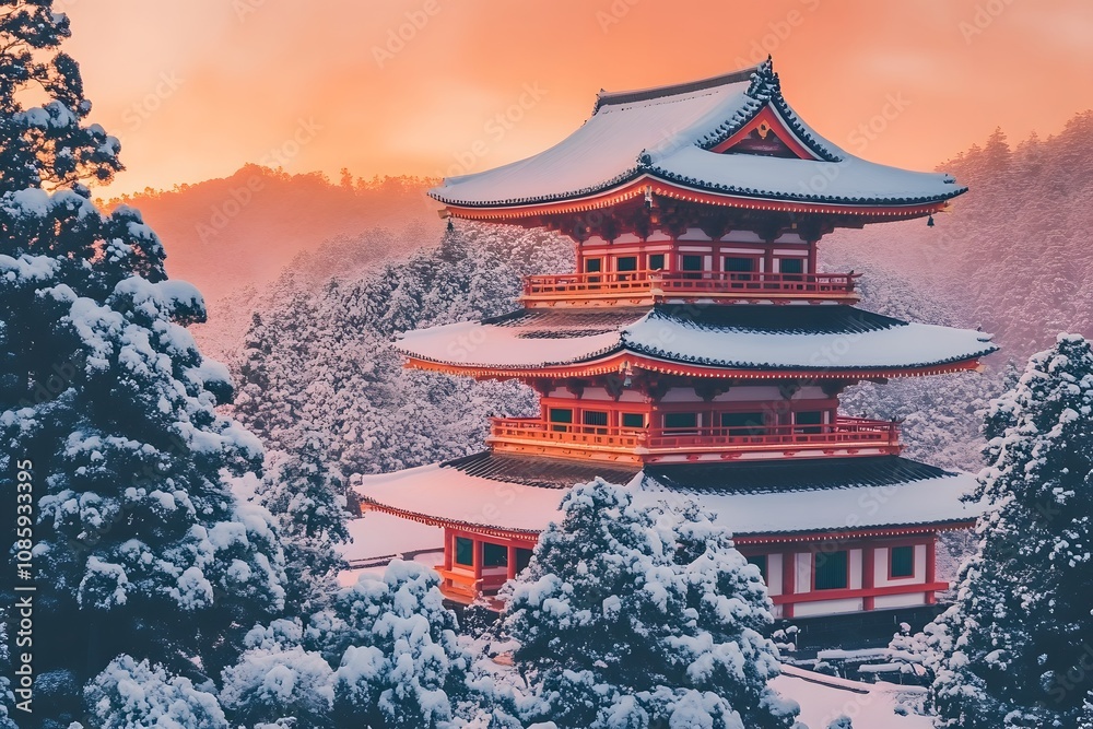 Japanese Temple Covered in Snow, Surrounded by Snowy Trees, Sunset Glow, and Tranquil Winter Scenery Japanese Temple Covered in Snow, Surrounded by Snowy Trees, Sunset Glow, and Tranquil Winter Scenery