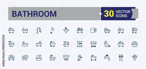 Bathroom icon set. Containing hygiene, faucet, bath, water, interior, house, basin and more. Outline icons pack. Solid line editable stroke.