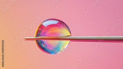 Wallpaper Mural A colorful water droplet rests on a wooden stick, showcasing vibrant hues against a soft pink background. Torontodigital.ca