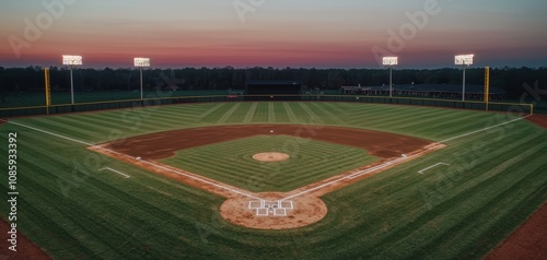 Symmetrical Serenity Aerial View of Meticulously Maintained Baseball Field at Twilight with Sunset Sky
