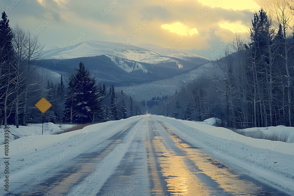 Winter Road in Mountain Landscape at Sunset with Snow-Covered Trees and Icy Path Winter Road in Mountain Landscape at Sunset with Snow-Covered Trees and Icy Path
