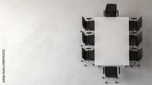 Symmetrical White Conference Table with Black Chairs in Professional Office Setting - Minimalist Business Meeting Space with Modern Furnishings and Neutral Tones