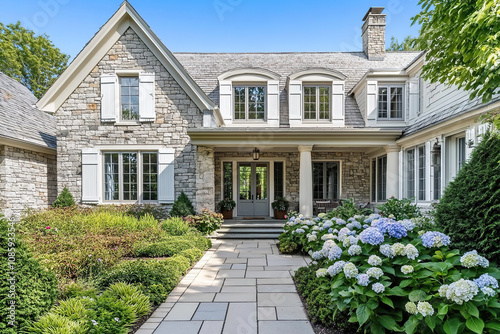 A classic stone and wood farmhouse with large front windows, flanked by hydrangea bushes in the front yard. The house has an elegant front walkway leading to its grand entrance.