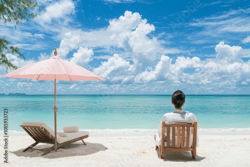 Tranquil Beach Escape Serene Ocean View with Wooden Chair, Pink Umbrella, and Relaxing Vacation Vibes