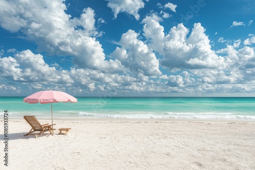 Tranquil Beach Getaway Serene Pink Umbrella Beach Chair by Turquoise Ocean - Summer Vacation Concept