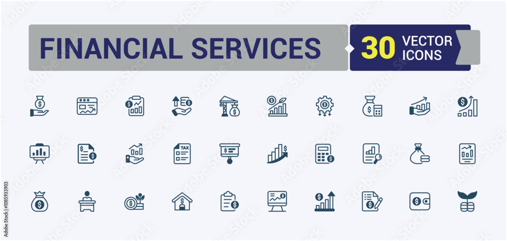 Financial Services icon set. Includes thin line financial, finance, currency, profit, commerce, accounting and more. Modern thin icons. Vector illustration in modern line style. Financial Services icon set. Includes thin line financial, finance, currency, profit, commerce, accounting and more. Modern thin icons. Vector illustration in modern line style.