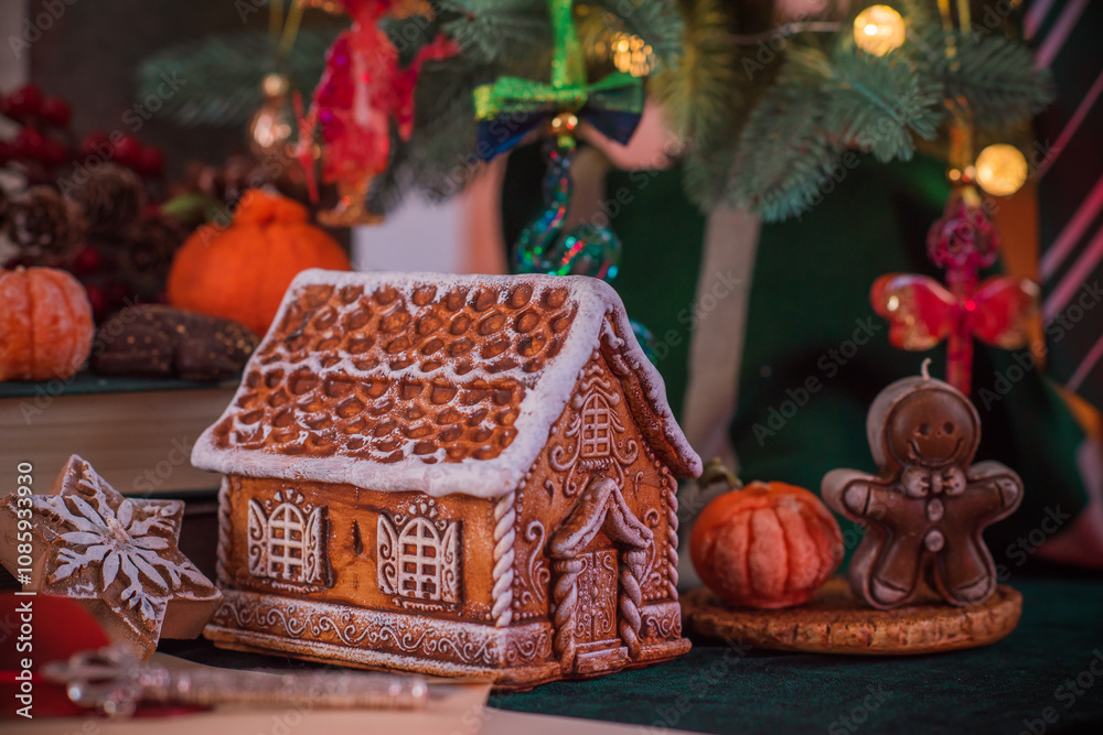 Christmas cozy magic details at table. Christmas eve prediction with candles. Christmas cozy magic details at table. Christmas eve prediction with candles.