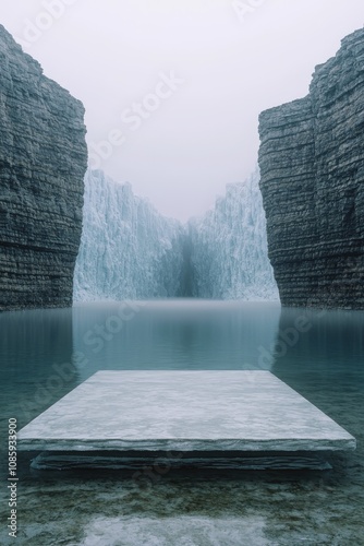 Tranquil Glacial Horizon Symmetrical Grey Platform in Calm Waters Reflects Misty Icy Landscape - Serene Minimalist Concept for Digital Art, Design, or Ads