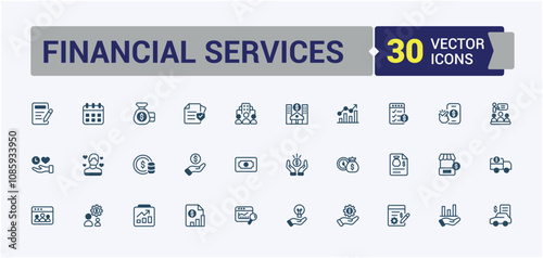 Financial Services icon set. Includes thin line financial, finance, currency, profit, commerce, accounting and more. Modern thin icons. Vector illustration in modern line style.