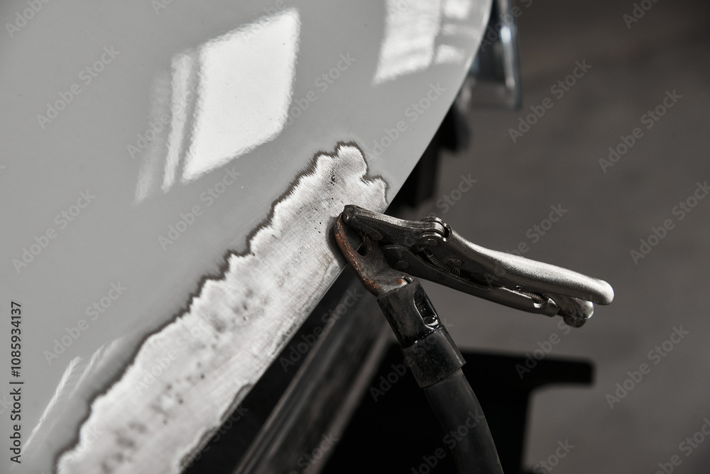 A close-up of a metal clamp attached to a car's sanded surface, showing preparation work for welding or painting in an auto repair shop, with reflections on the polished area.