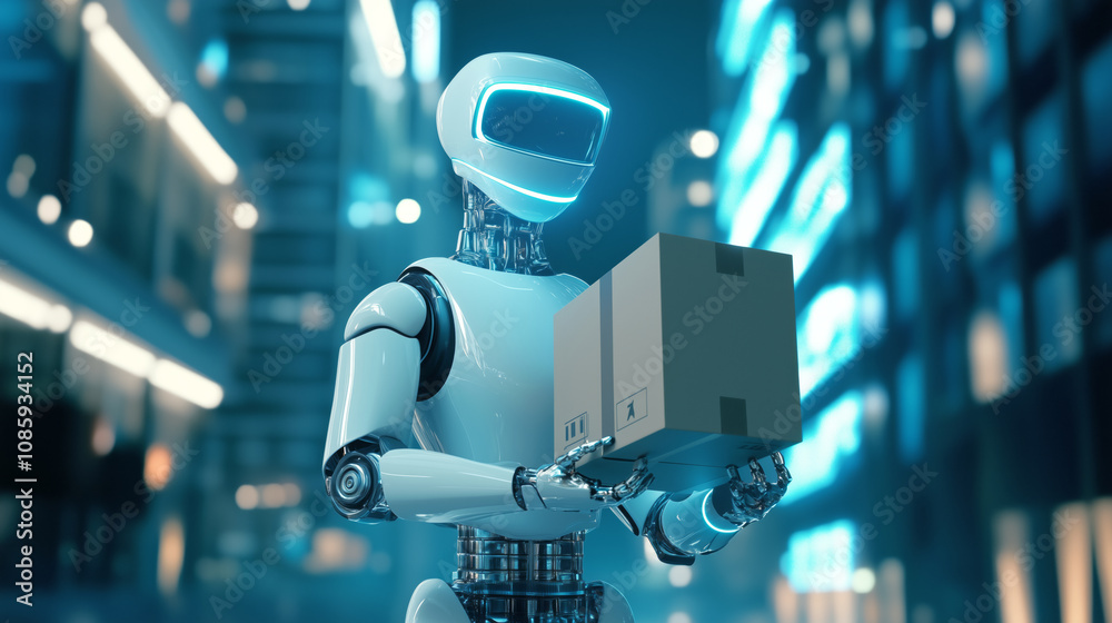 Futuristic robot delivers package in a cityscape during nighttime with glowing neon lights Futuristic robot delivers package in a cityscape during nighttime with glowing neon lights