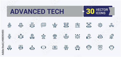 Advanced Tech icon set. Includes icons for iq, head, network, mind, information, concept, smart and more. Flat UI icon design. Vector line and solid icons.