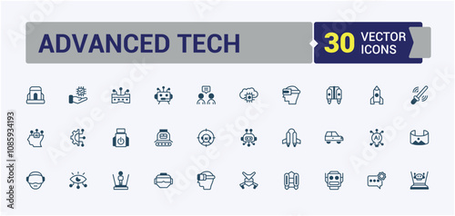 Advanced Tech icon set. Includes icons for iq, head, network, mind, information, concept, smart and more. Flat UI icon design. Vector line and solid icons.